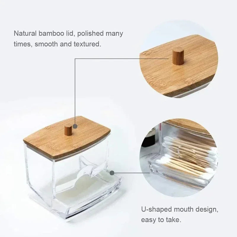 Transparent Cotton Swab & Toiletry Storage Box with Bamboo Lid