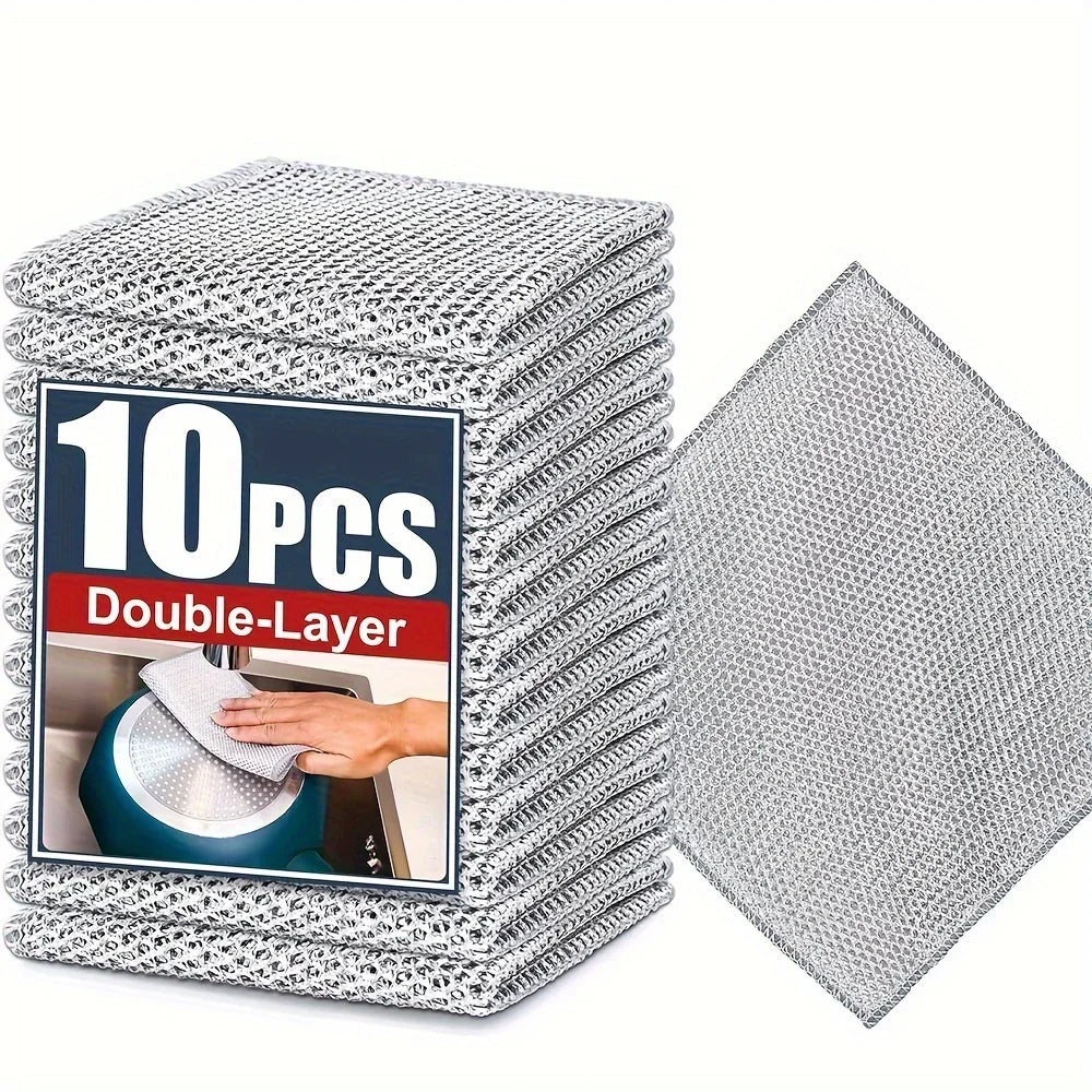 A stack of 10 double-layer microfiber cleaning cloths is shown next to a single cloth.
