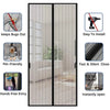 A pair of black magnetic screen door curtains with a fine mesh pattern, shown alongside features like bug protection and easy
