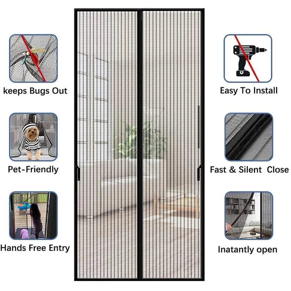 A pair of black magnetic screen door curtains with a fine mesh pattern, shown alongside features like bug protection and easy