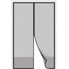 A vertical magnetic screen door curtain with a mesh fabric and a black frame.