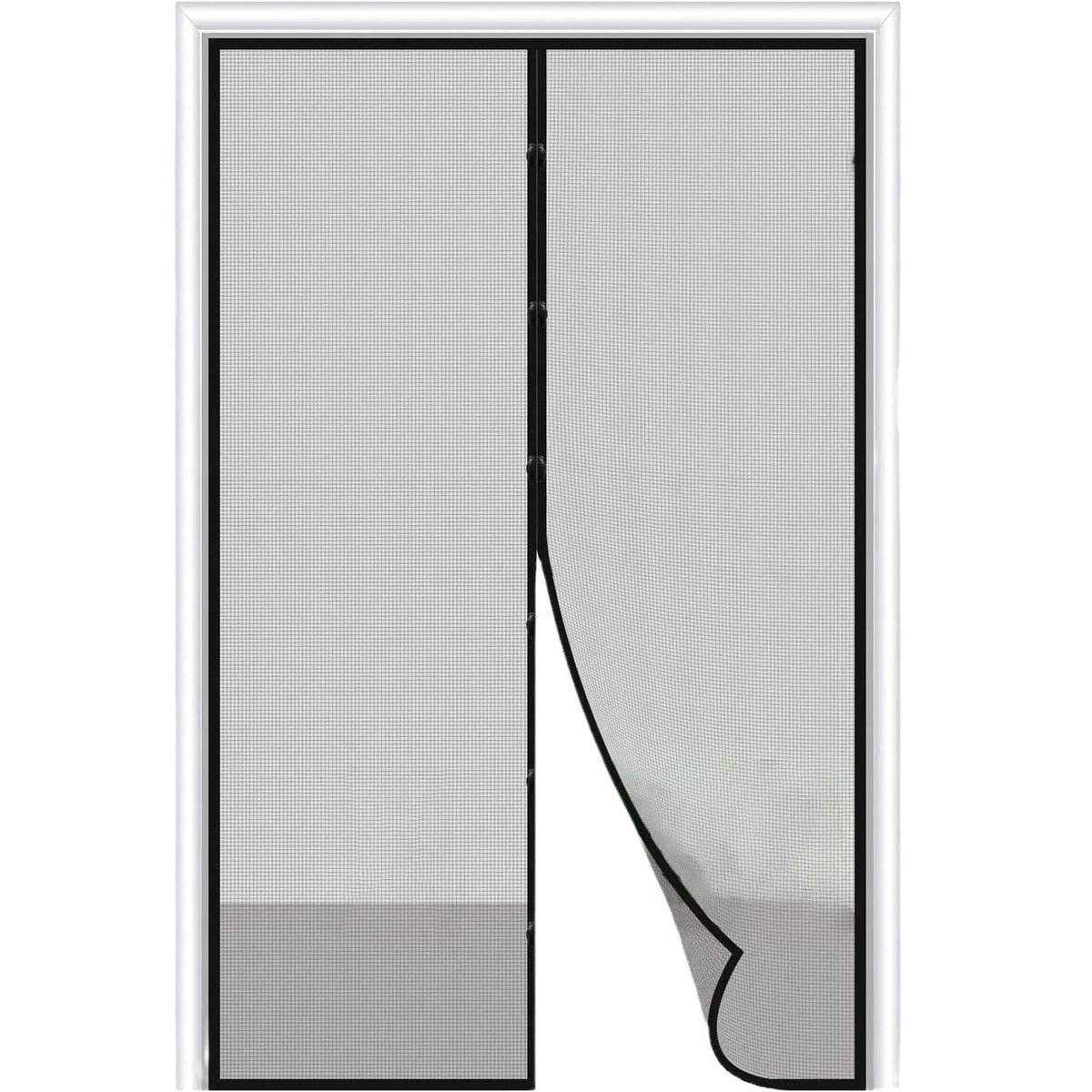 A vertical magnetic screen door curtain with a mesh fabric and a black frame.
