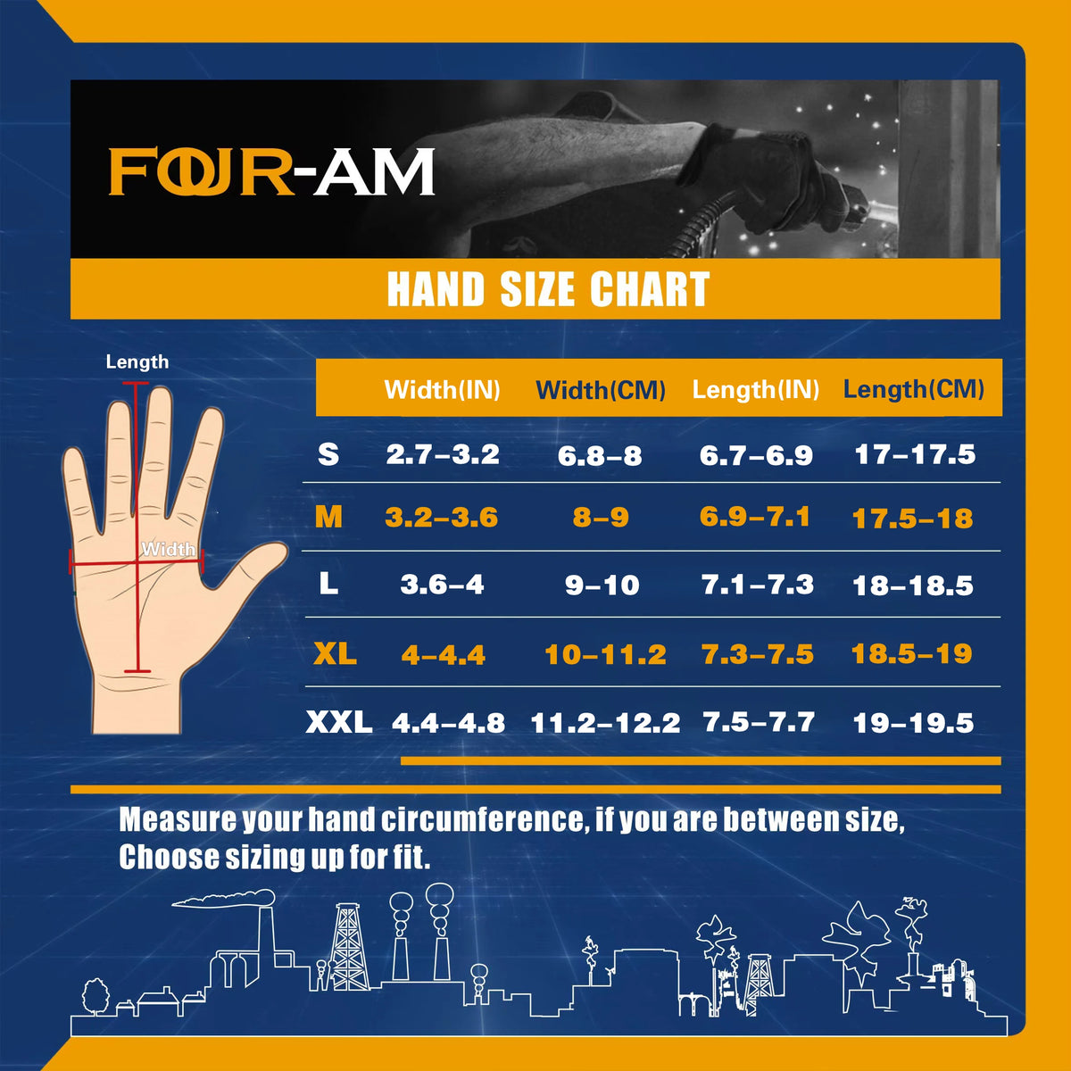 Hand size chart showing measurements for S, M, L, XL, and XXL glove sizes.