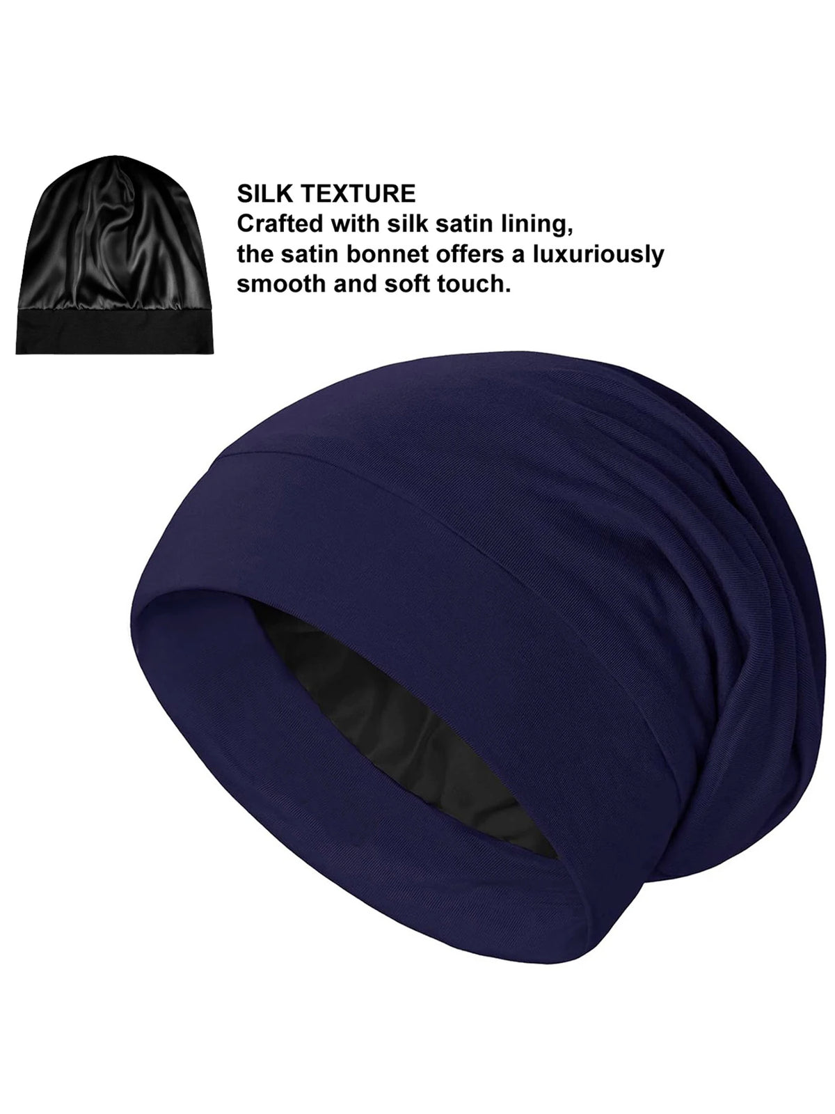 A navy blue silk satin sleep bonnet shown in a draped style.