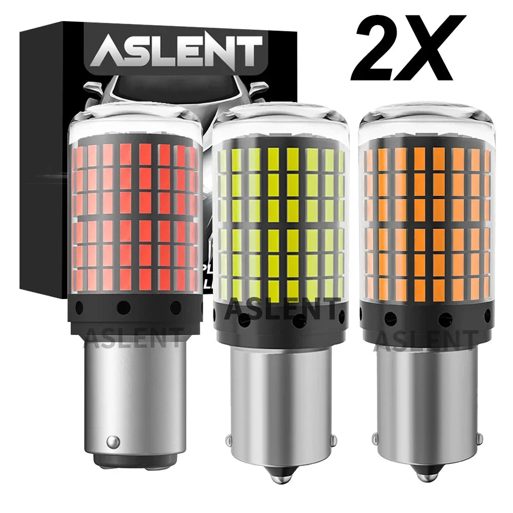 Two bright LED bulbs for turn signals, brake, and reverse lights shown in packaging.