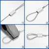 Four views of 316 stainless steel wire rope with aluminum sleeves for hanging lights and similar applications.