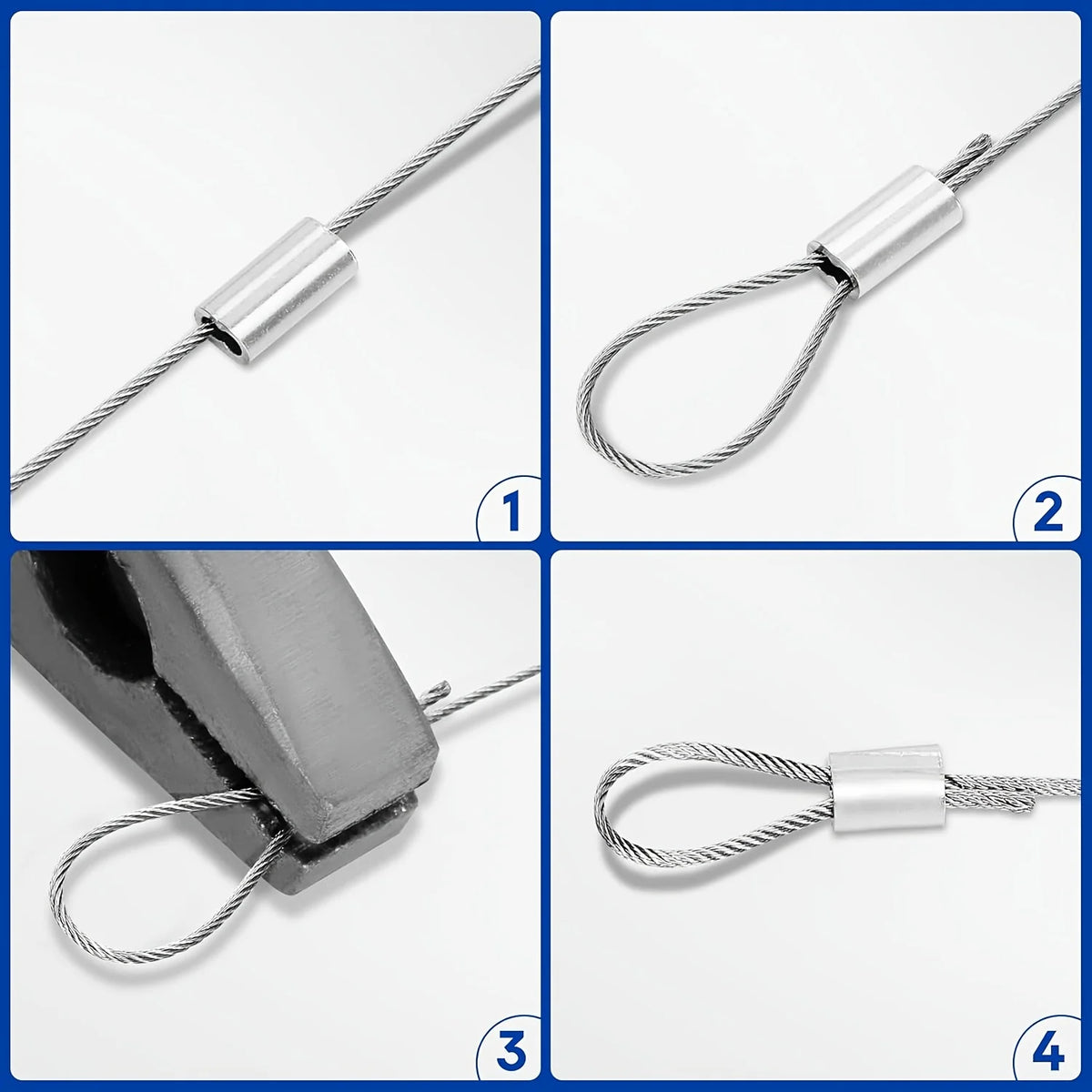 Four views of 316 stainless steel wire rope with aluminum sleeves for hanging lights and similar applications.
