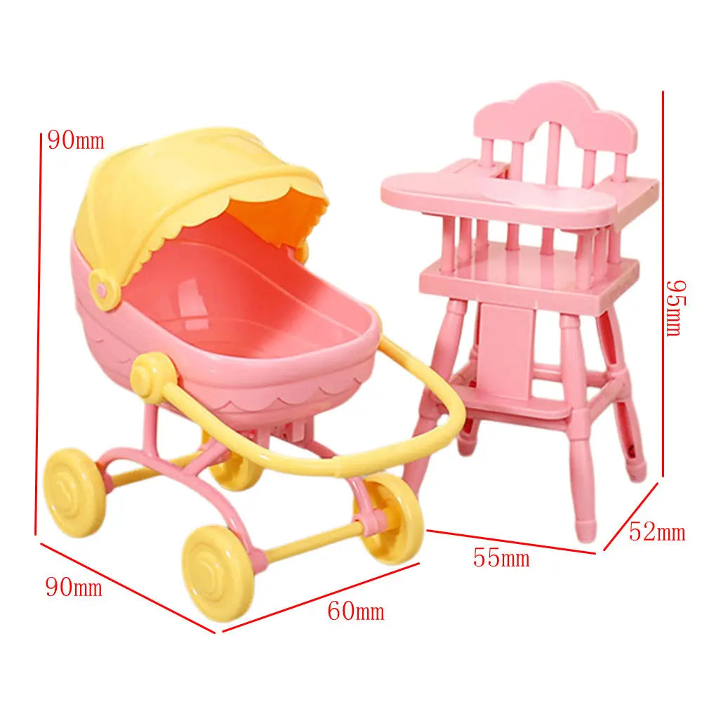 A pink and yellow fashion doll accessory set featuring a baby carriage or stroller.
