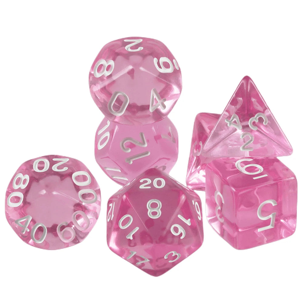 A set of seven transparent pink crystal polyhedral dice for tabletop role-playing games