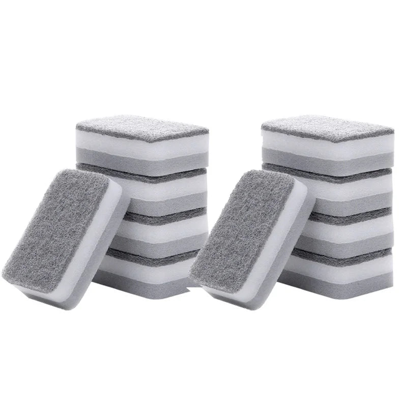 A set of stacked double-sided cleaning sponges with gray and white stripes.