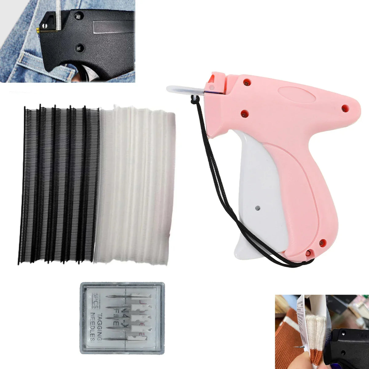A pink mini handheld stitch gun with a black and white needle assembly and a separate needle kit.