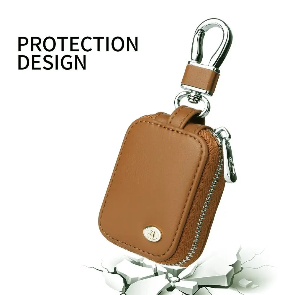 Brown PU leather protective case for earbuds with an anti-lost hook attached.