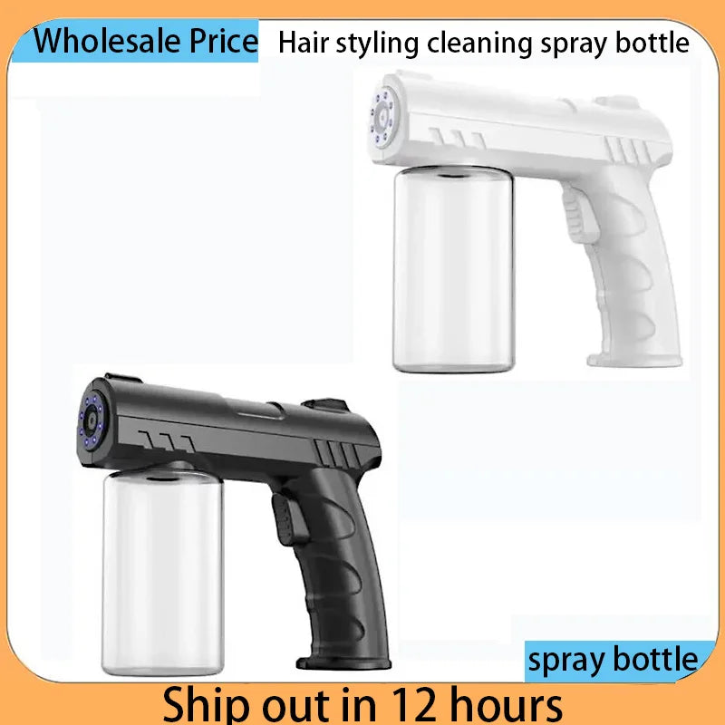 A white rechargeable electric spray bottle for hair styling, cleaning, or plants is shown with its empty and full versions.