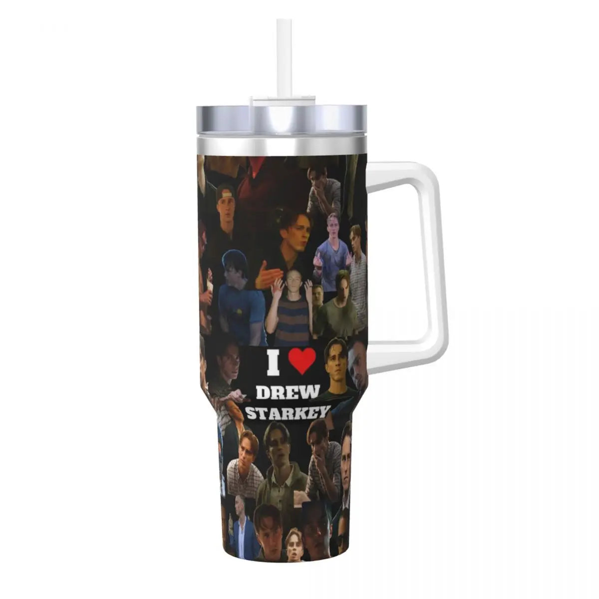 Insulated stainless steel tumbler featuring a collage of characters and the text I drew Starkey