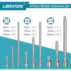 A set of nine metal wobble extension rods and sockets for drilling or fastening applications.