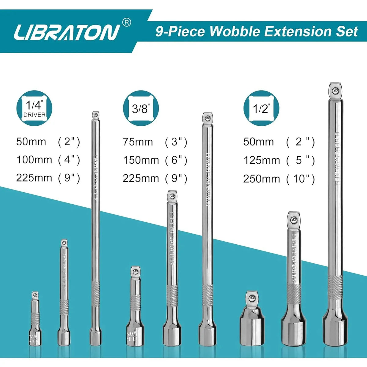 A set of nine metal wobble extension rods and sockets for drilling or fastening applications.
