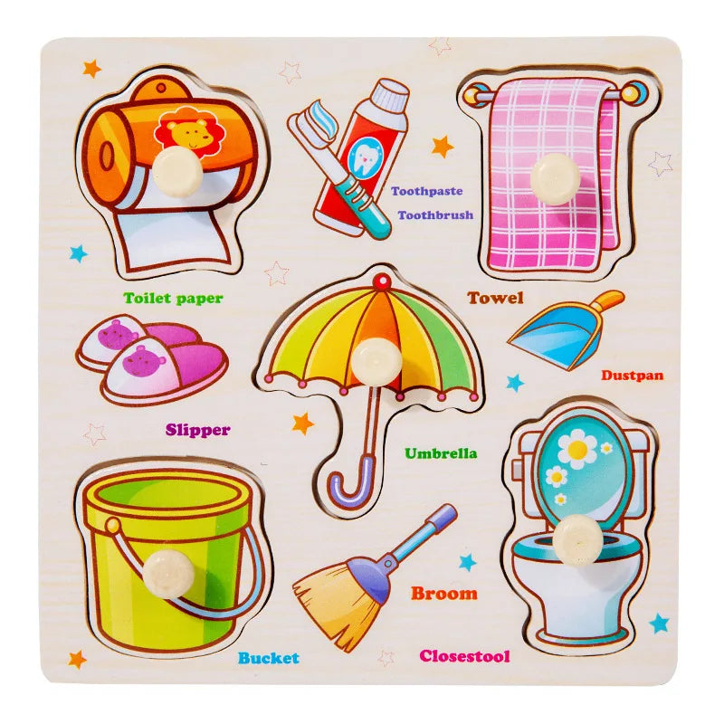 Wooden 3D jigsaw puzzle for toddlers featuring various household items like toilet paper, toothbrush, towel, dustpan, slipper