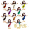 A set of five mini Jesus figurines dressed in white robes with colorful crosses for Easter and religious celebrations