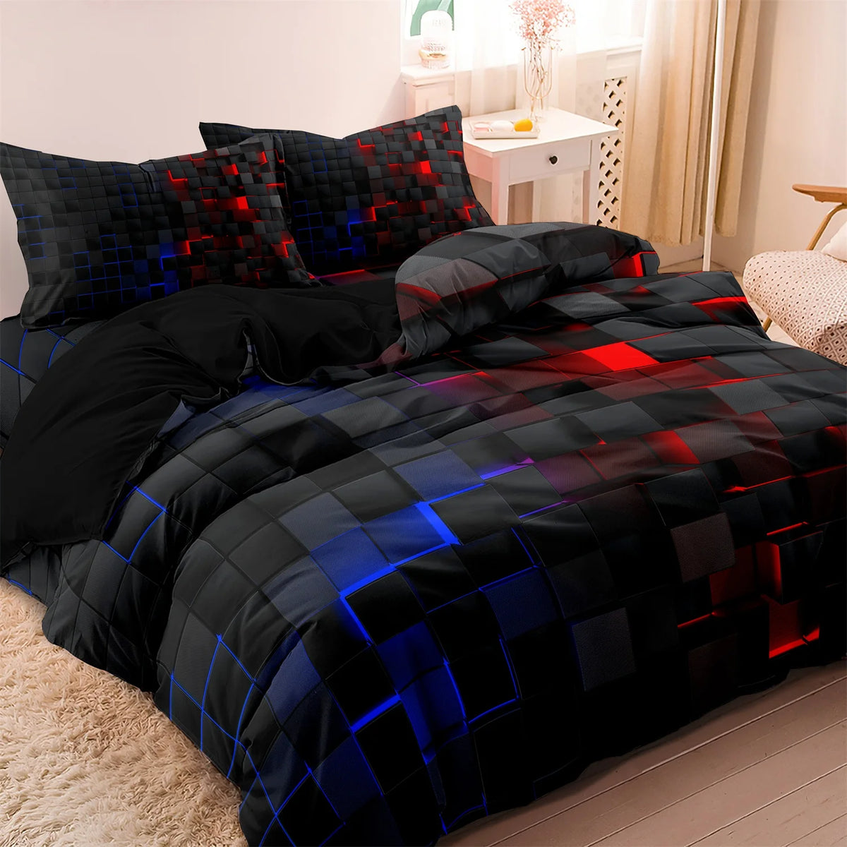 Geometric Grid Print Duvet Cover Set with Pillowcases
