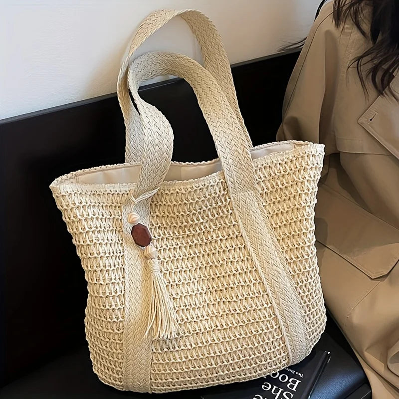 Natural Straw Woven Tote Bag with Tassel