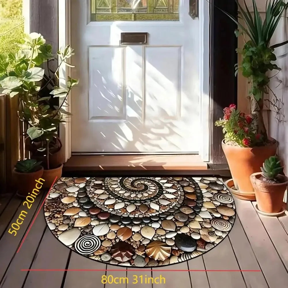 A circular doormat made of various natural stone tiles placed on a wooden floor in front of a white door.