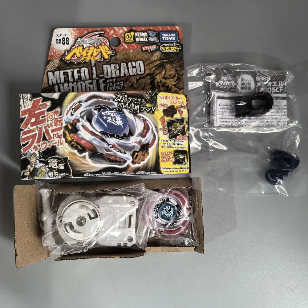 A set of metal spinning tops and related accessories packaged in cardboard and plastic bags.