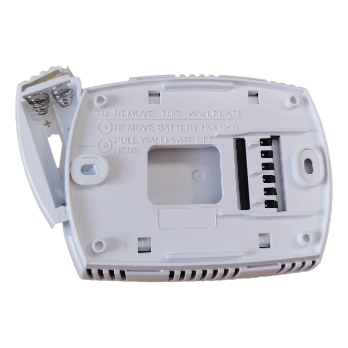 A white digital thermostat unit is shown open, displaying instructions to remove the battery holder and pull the wallplate of