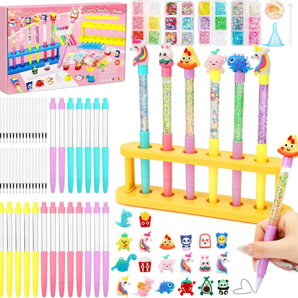 A colorful DIY glitter pen craft kit for kids showing various pens and accessories.
