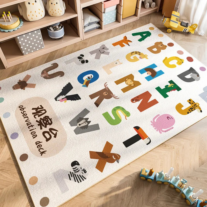 A soft crystal velvet rug featuring colorful alphabet letters and cartoon vehicles for a kids play mat.
