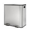 A stainless steel dual-compartment step-on trash and recycling bin with a soft-close lid.