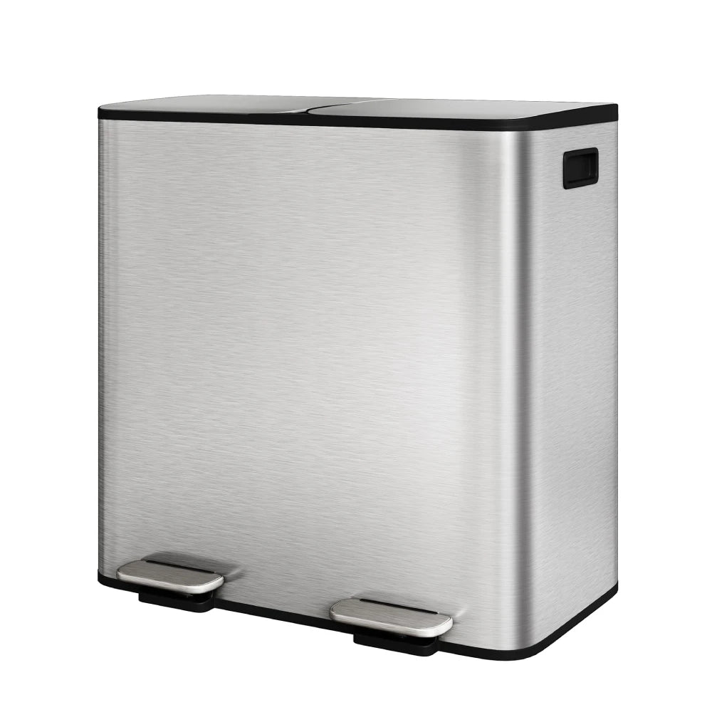 A stainless steel dual-compartment step-on trash and recycling bin with a soft-close lid.