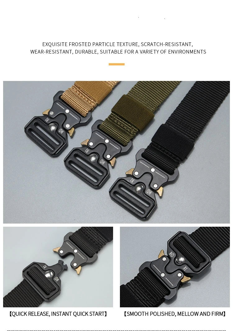 Close-up view of a black tactical nylon belt with multiple metal buckles and a textured finish.
