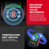 A digital wood moisture meter shows a display with MAX/MIN value recording options and a temperature unit switch.