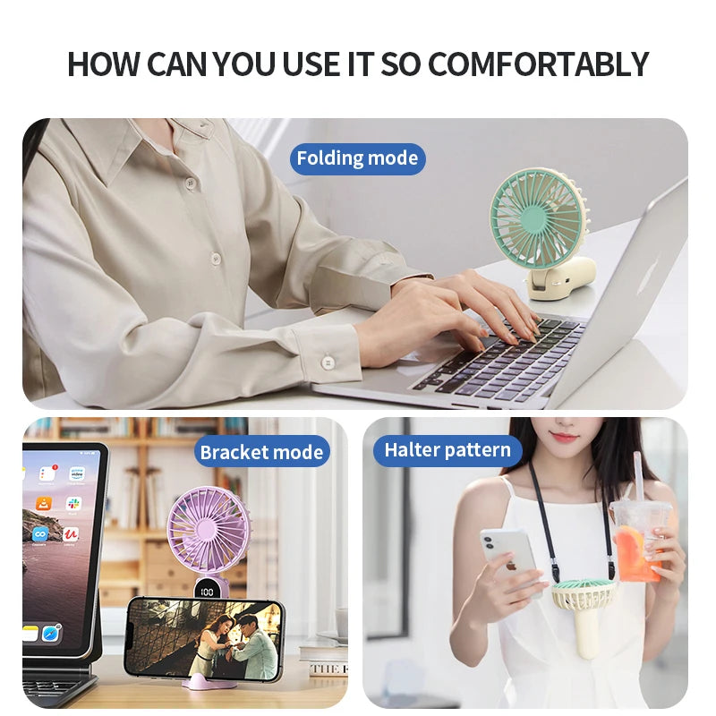 3-in-1 Tragbarer USB-Wiederaufladbarer Ventilator mit Digitalanzeige