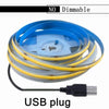A blue LED strip light with a yellow cable and USB plug is shown, labeled as non-dimmable.