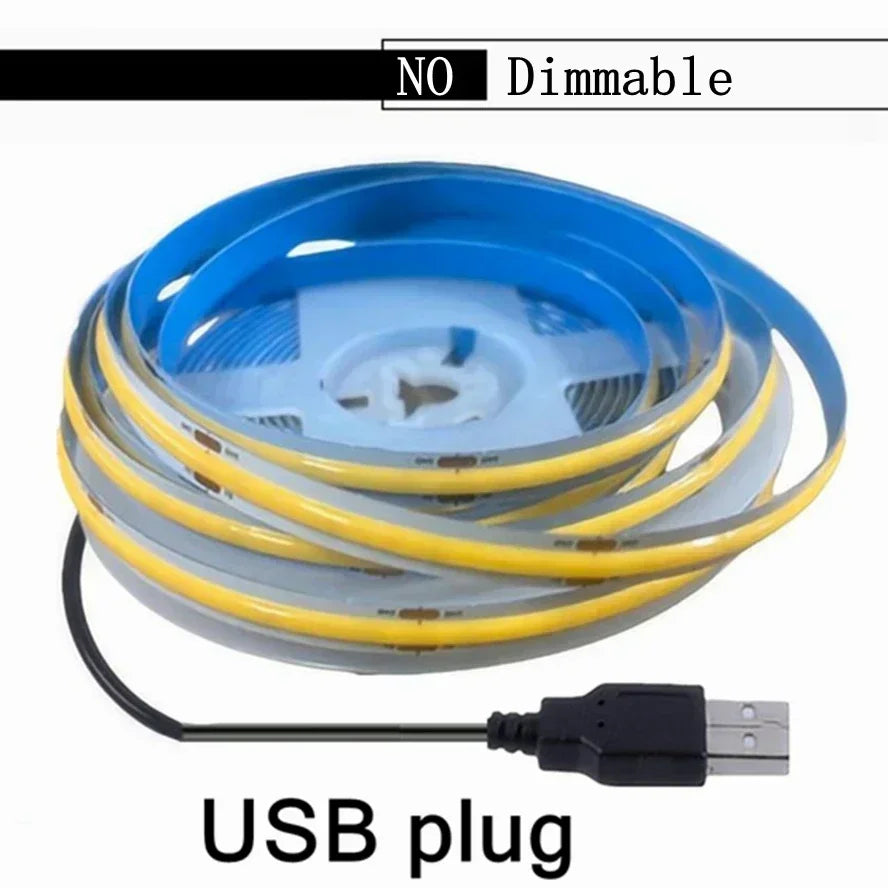 A blue LED strip light with a yellow cable and USB plug is shown, labeled as non-dimmable.