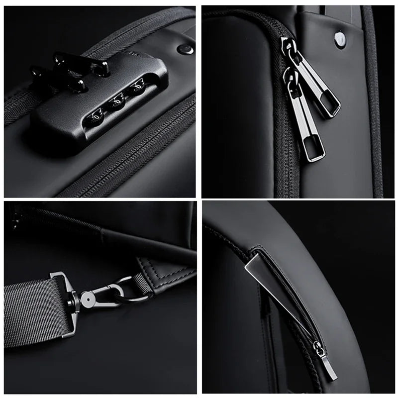Primeros planos de un bolso cruzado negro unisex con detalles de herrajes y costuras.
