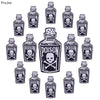 A set of ten black glass bottles with poison labels featuring skull and crossbones designs.