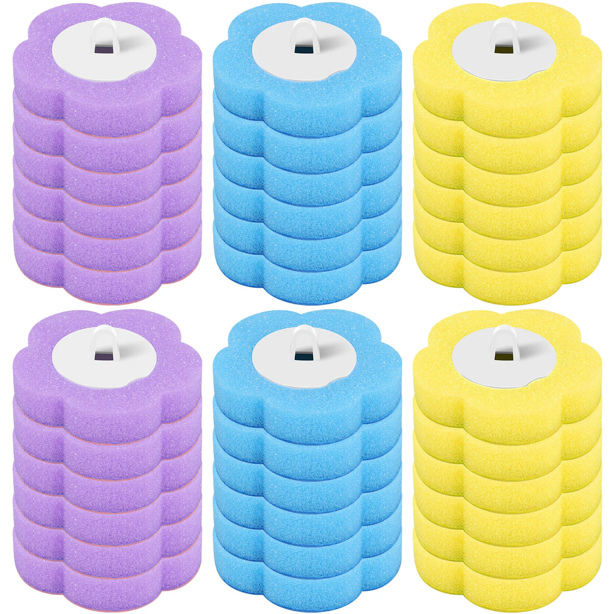 Quatre têtes de brosse de toilette jetables violettes, bleues et jaunes avec de longues poignées.