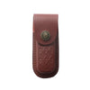 A brown genuine leather folding knife case with a round metal emblem.