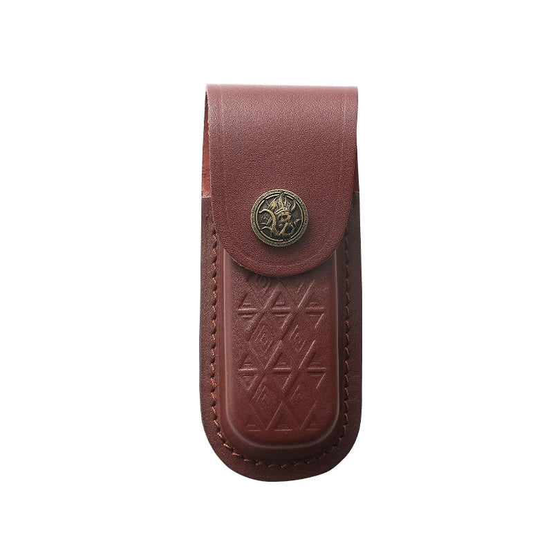 A brown genuine leather folding knife case with a round metal emblem.
