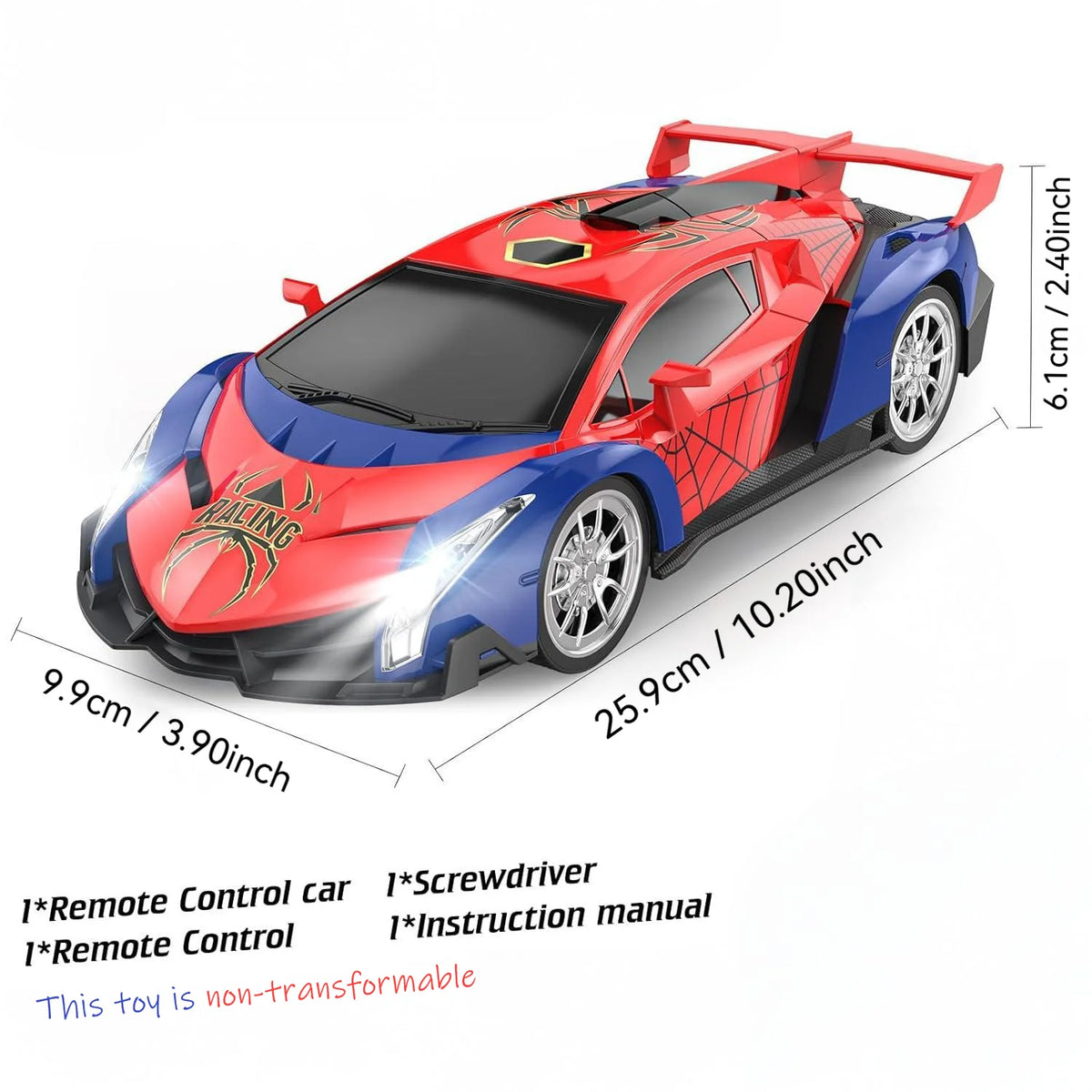 Red and blue spider-themed RC supercar with a spoiler and headlights, shown from the side.