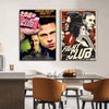 Two movie posters of Fight Club featuring hands and faces displayed on a modern table.