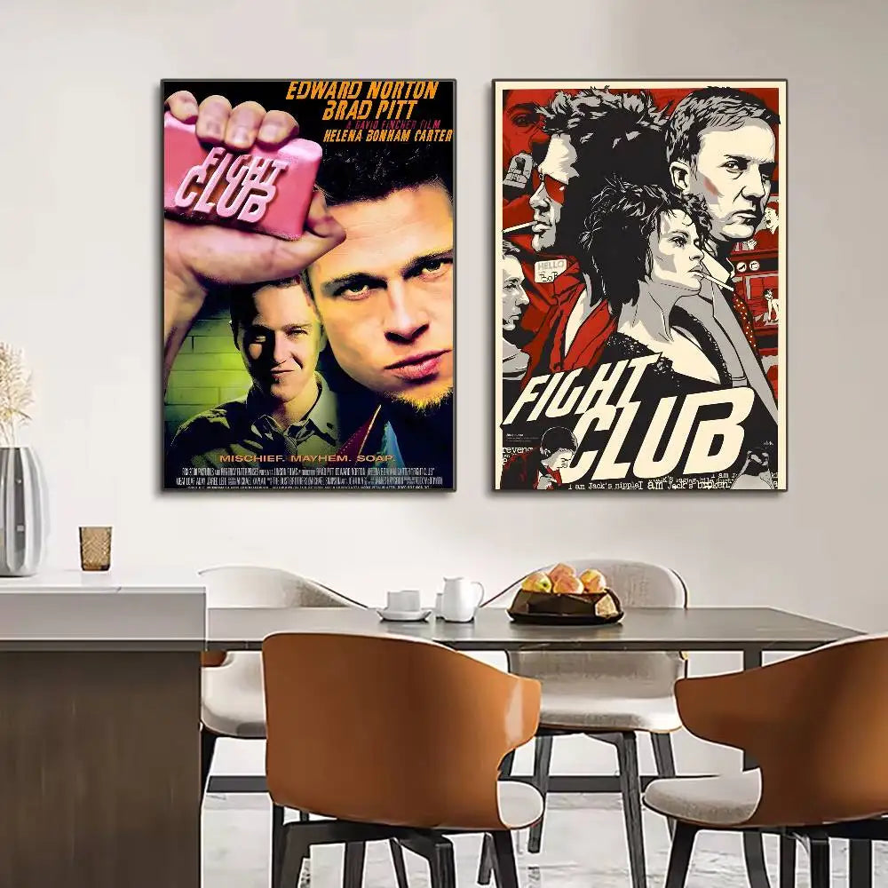 Two movie posters of Fight Club featuring hands and faces displayed on a modern table.