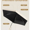 A black folding umbrella showing six core features including a high-strength alloy frame, nano non-stick fabric, and a portab