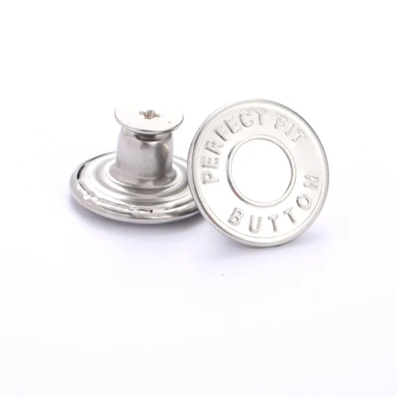 A silver metal button with the words PERFECT FIT BUTTON stamped on it, shown on a white background.
