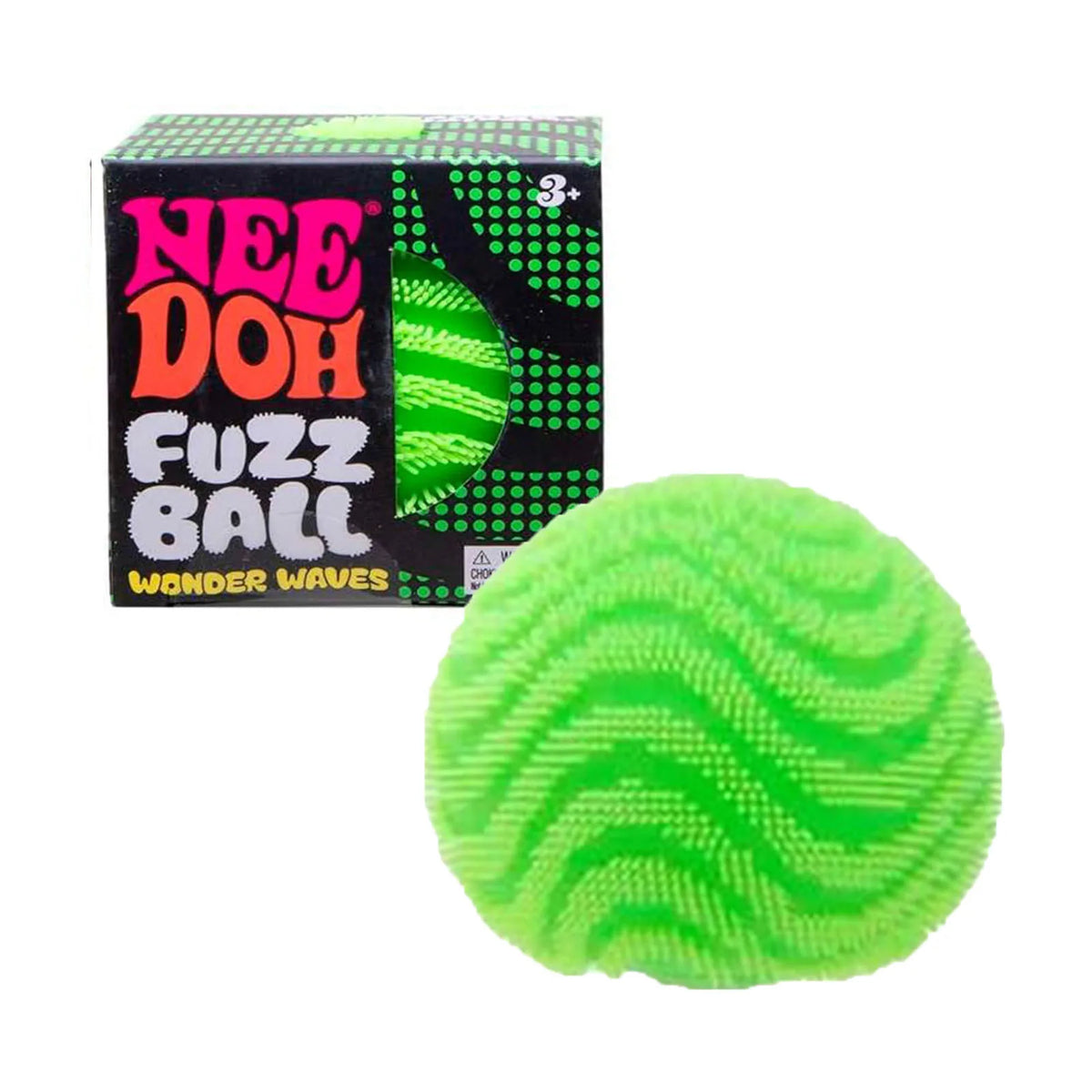 Grüßer Flauschball-Stressball mit wirbelndem Muster neben seiner Verpackung.