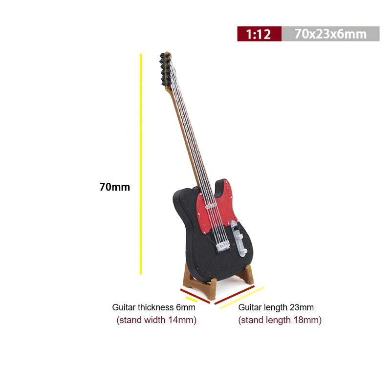 A 1:12 scale miniature guitar with a neck and body, shown next to dimension markings.