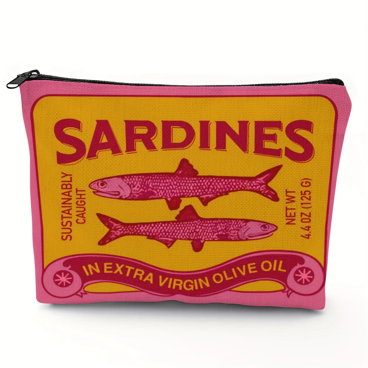 Pochette rose avec fond jaune, affichant le mot Sardines et un texte sur les poissons pêchés de manière durable.