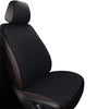 Black quilted car seat cover set with brown accents shown from the side.
